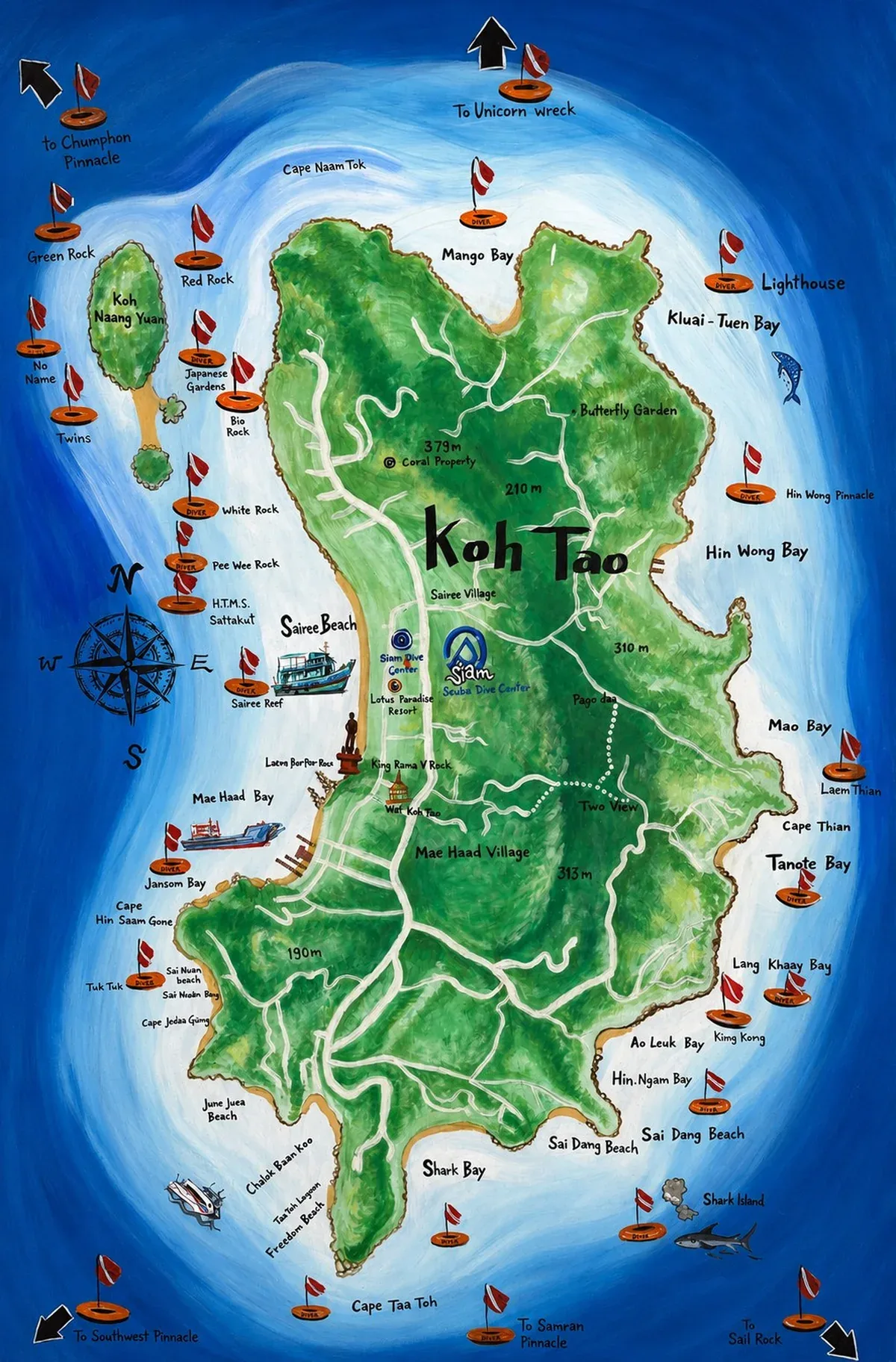 Hand-painted map of Koh Tao showing the island's dive sites, bays and beaches - Chumphon Pinnacle, Green Rock, White Rock, HTMS Sattakut, Koh Nang Yuan, Shark Bay, Tanote Bay and Hin Wong Bay - with Siam Scuba marked in Sairee.